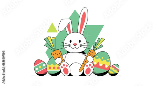 A cute cartoon Easter bunny sitting with carrots and decorated Easter eggs.