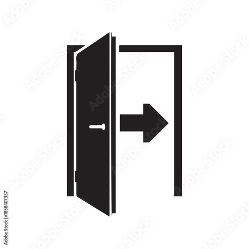 A black and white icon of an open door with an arrow pointing to the right in silhouette mode