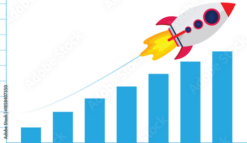 Startup Rocket Launch Over Rising Business Growth Bar Chart Illustration