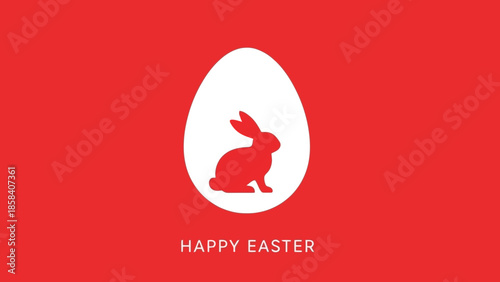 Easter greeting card featuring a white egg with a red bunny silhouette on a red background.