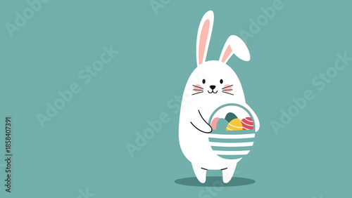 A cute cartoon white bunny holding a basket full of colorful Easter eggs on a teal background.