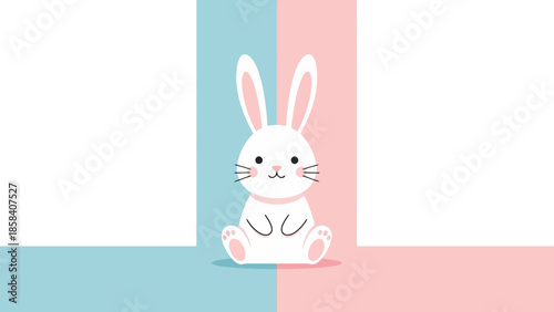 A cute white bunny sits in the middle of a pastel pink and blue background with two blank white spaces on either side.