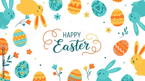 Festive Easter image featuring colorful eggs, bunnies, flowers, and the words 'Happy Easter' in a cheerful design.