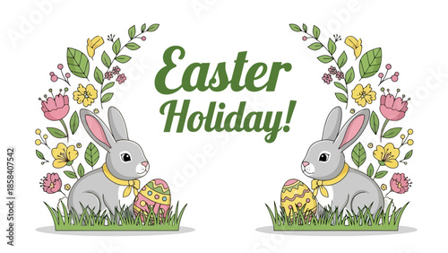 Two cute Easter bunnies with decorated eggs surrounded by floral arrangements and green grass.