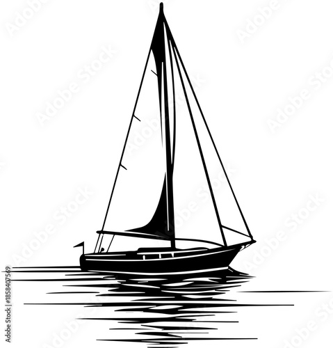 Sailboat Sailing on Calm Water with Reflection Silhouette Illustration