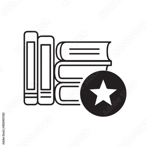 A stack of books with a star rating symbol in a simple black and white illustration silhouette