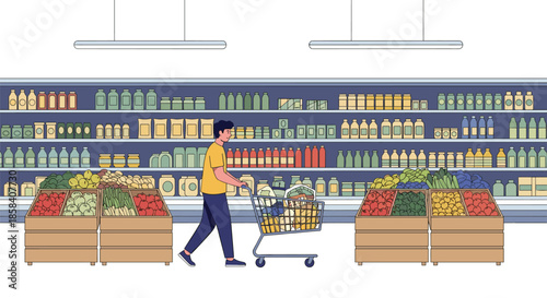 Young man pushing a shopping cart through a large supermarket aisle filled with various products and fresh produce sections.