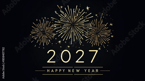 Happy New Year 2027 Gold White Numbers Fireworks Navy Black Background Celebration Greeting Card Banner Poster Social Media Design Festive Party NYE Event Template