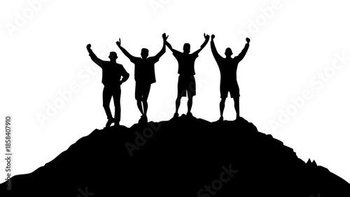 Group of Hikers Celebrating on Mountain Peak Silhouette Vector Illustration