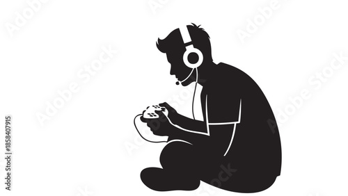 Silhouette of a Child Sitting CrossLegged and Playing Video Games on Transparent Background