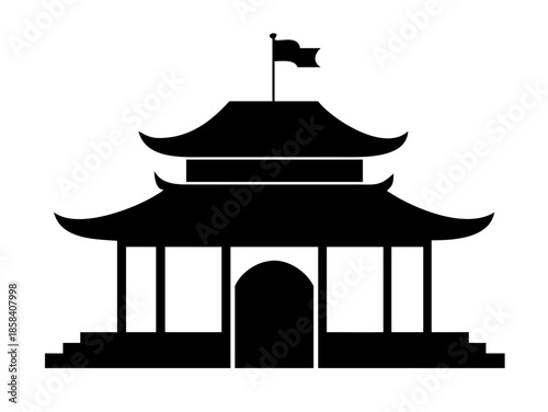 Traditional Asian Pagoda Temple Silhouette Vector with Flag and Multi-Tiered Roof