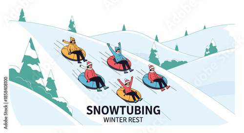Group of happy people in colorful winter clothing enjoying snowtubing down a snowy hill during their winter rest vacation.