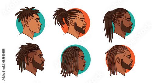 Diverse collection of profile portraits of a man showcasing different modern dreadlock hairstyles and beard grooming styles.