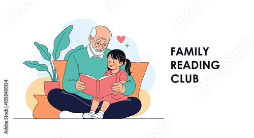 Kind grandfather sits on a sofa and reads a book to his young granddaughter for their family reading club home activity.