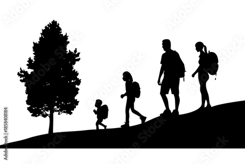 Family Hiking Outdoor Adventure Silhouette Vector with Mountain Landscape and Tree