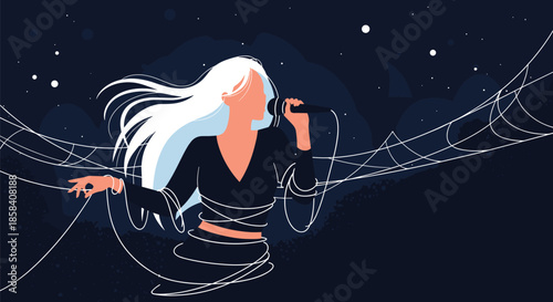 Ethereal woman with long white hair singing into a microphone against a dark starry sky with cosmic energy lines.