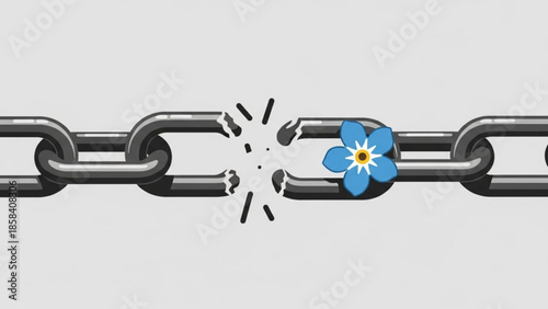 Broken chain link with a forget-me-not flower symbolizing freedom and new beginnings isolated on a light background
