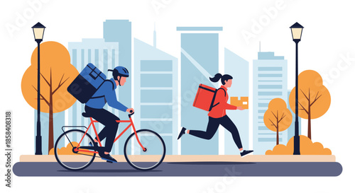 Delivery couriers on a bicycle and running on foot carry packages through a modern city street with skyscrapers in the background.