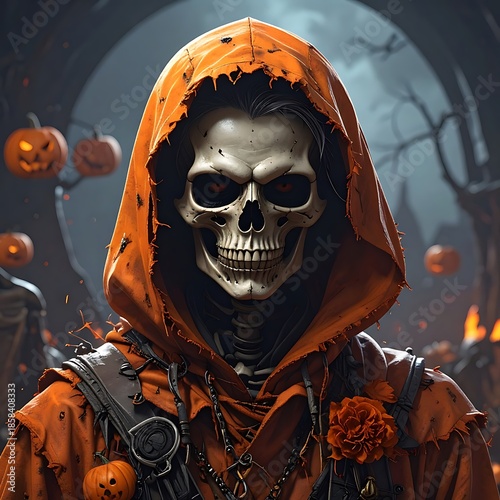 Skull-faced figure in an orange, hooded robe stands amid pumpkins, silhouetted trees, and flickering flames