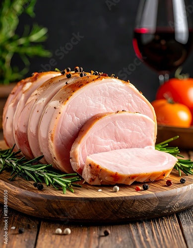 Sliced roast pork tenderloin on a wooden board, with rosemary, tomato, and wine in the background