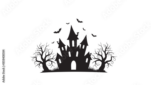 Spooky Halloween Haunted Castle with Bats and Bare Trees