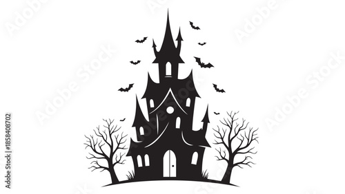 Spooky Haunted Castle Scene With Bats and Bare Trees