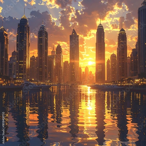 Skyline at sunset. High-rise buildings reflected in still water, under a cloud-filled sky, illuminated by warm light