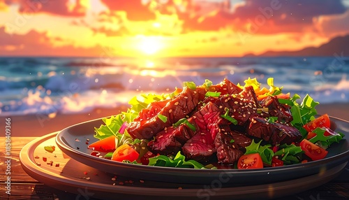Sliced steak over greens, served on a plate. Ocean background with a warm sunset