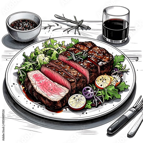 Sliced steak sits atop a bed of greens with sides of sauce and drink, on a white surface