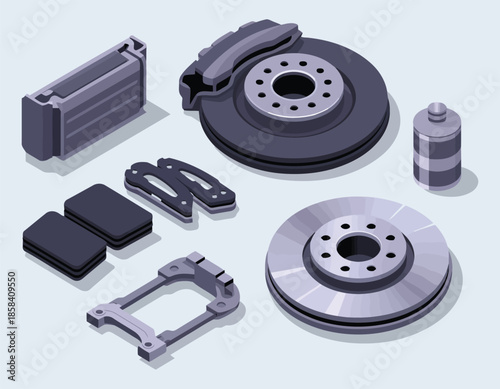 Isometric car brake part set on light blue background for auto service
