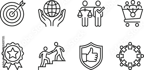 Business success strategy line icons set, goal achievement teamwork trust leadership minimal outline vector for corporate apps design