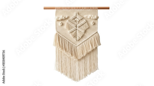 Fotografía Isolated Handmade beige woven macrame wall hanging art with a leaf design and ta