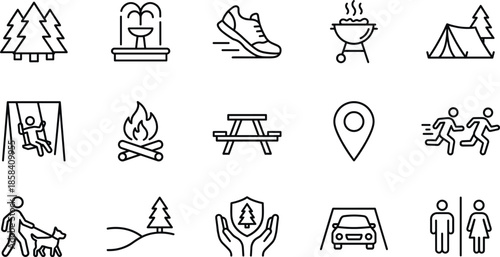 Outdoor recreation line icons set, camping, hiking, picnic, barbecue, nature activities, park facilities, eco travel symbols, minimalist outline design