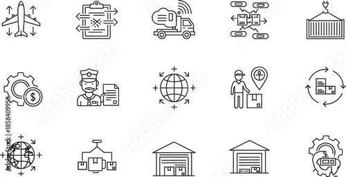 Logistics and supply chain line icons set featuring global shipping, transportation, warehouse, delivery and distribution symbols isolated on white background