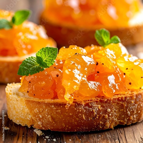 Slices of bread topped with orange fruit preserve and mint garnish arranged on rustic wood table in a close up studio shot