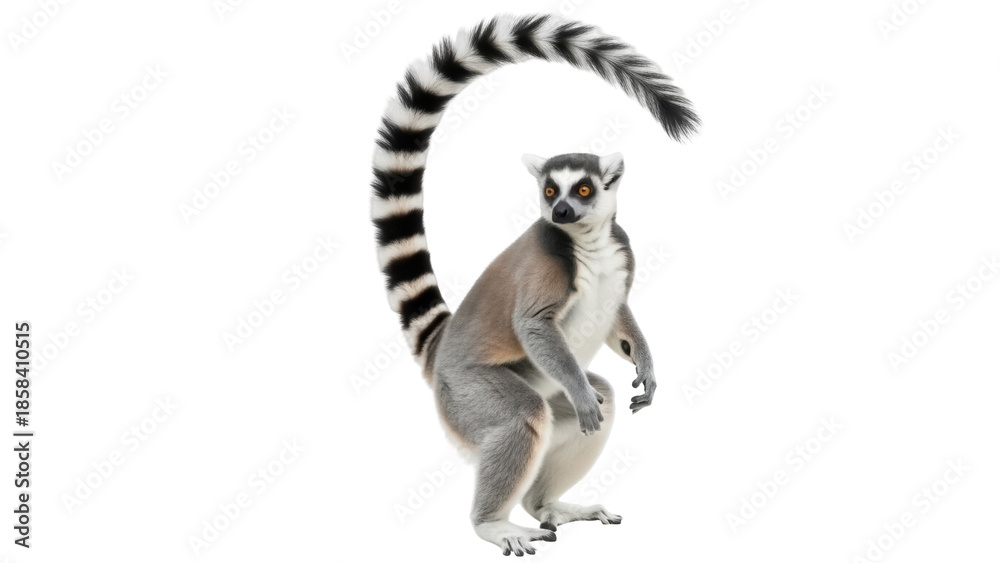 Fototapeta premium Isolated Ring Tailed Lemur standing upright with tail curled around its body animal cute