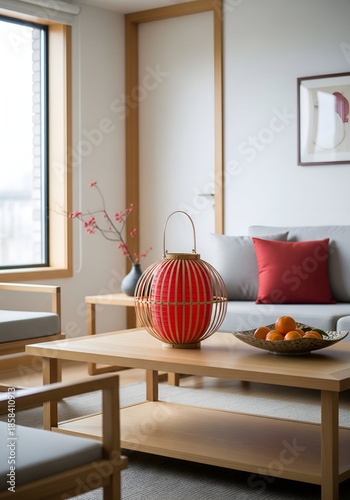 Modern Asian Living Room with Red Lantern Decoration