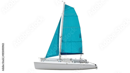 Fotografie Isolated sailboat with sails hoisted, ready to sail, a recreational vessel for t