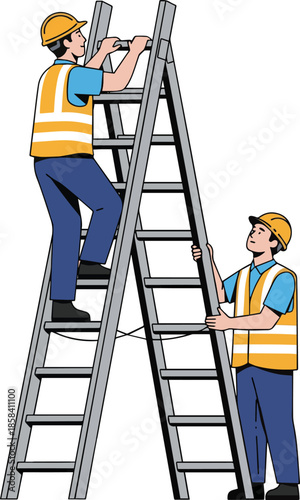Create a Construction worker climbing a ladder with another worker looking out for his safety, vector art with white background..