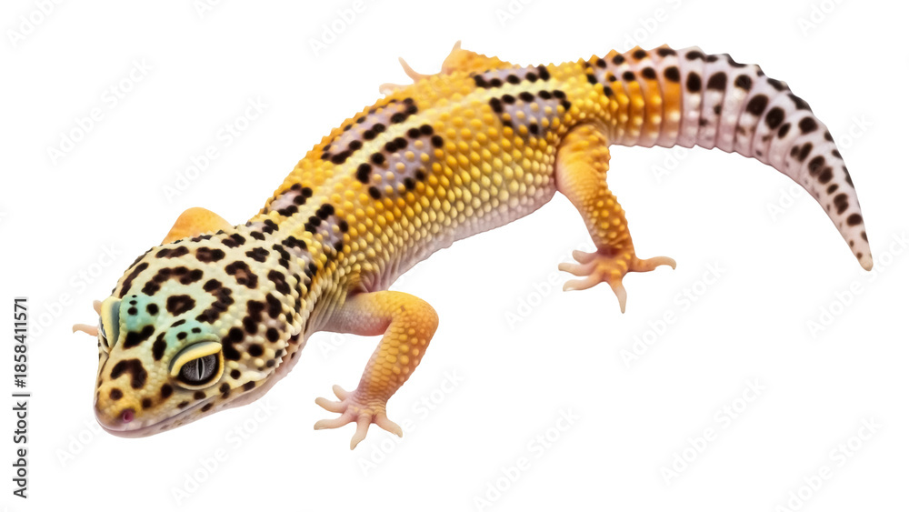 Obraz premium Isolated leopard gecko with yellow, black and orange pattern, animal photography