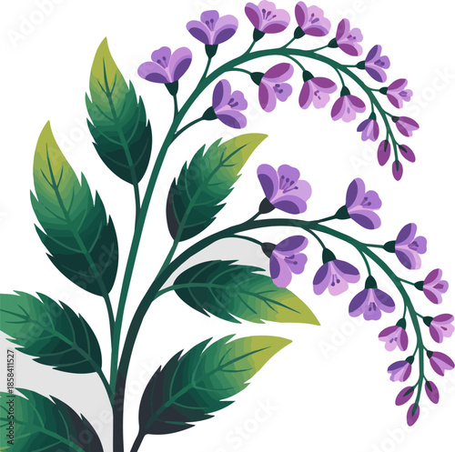 Create a eautiful blooming green plant with purple blossoms, vector art with white background.