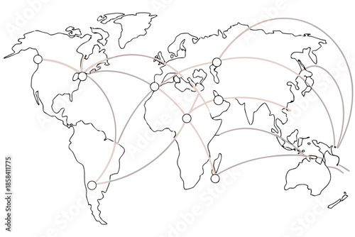 Stylized world map illustration with global network connections and routes