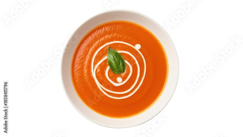 Obraz na plátně Isolated bowl of tomato soup garnished with basil and cream for lunch or dinner