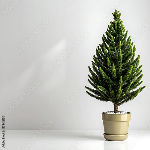 Small, potted evergreen tree with layered branches sits on a white surface against a light gray wall