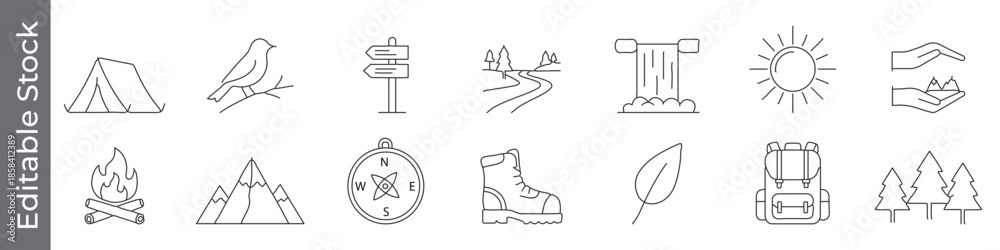 Fototapeta premium Camping and hiking icon set – editable outline symbols of tent, campfire, compass, backpack, boot, mountain and trail