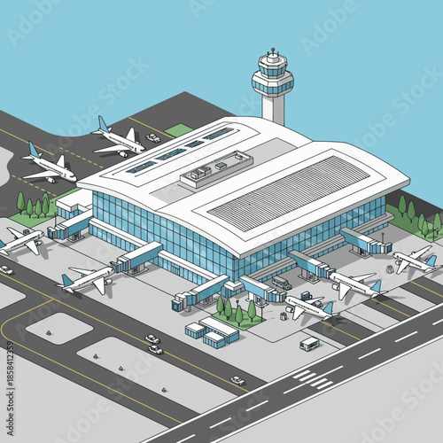 Airport Terminal with Airplanes and Control Tower.
