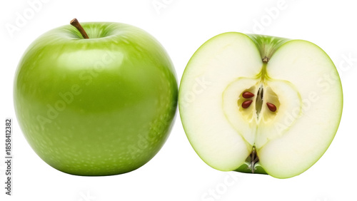 Foto Isolated Granny Smith apples one whole and one sliced open offering fresh fruit