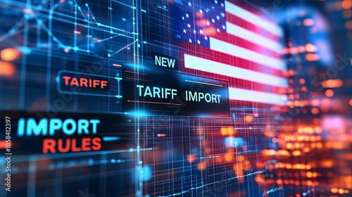 A digital illustration of the American flag with overlaid text about new import rules and tariffs in a futuristic grid pattern