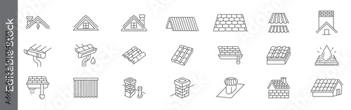 Roofing and gutter repair line icon set – editable outline symbols of roof tiles, shingles, gutters, rain drainage and waterproofing