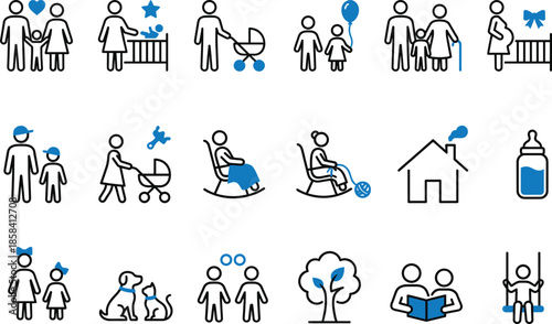 Family parenting line icons set, parents children baby care home love lifestyle minimal outline vector for social apps design